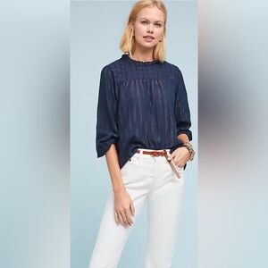 Maeve x Anthropologie Reston Blouse Dark Navy Blue with metallic details size XS